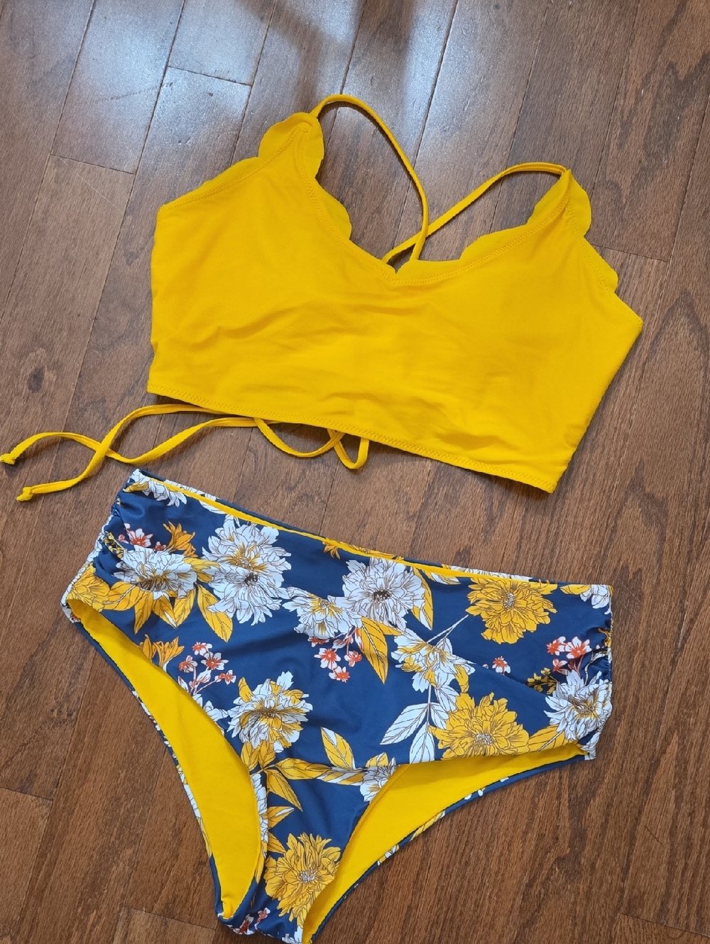 Zaful Yellow and Blue Bikini Set with Floral Accents Size 12